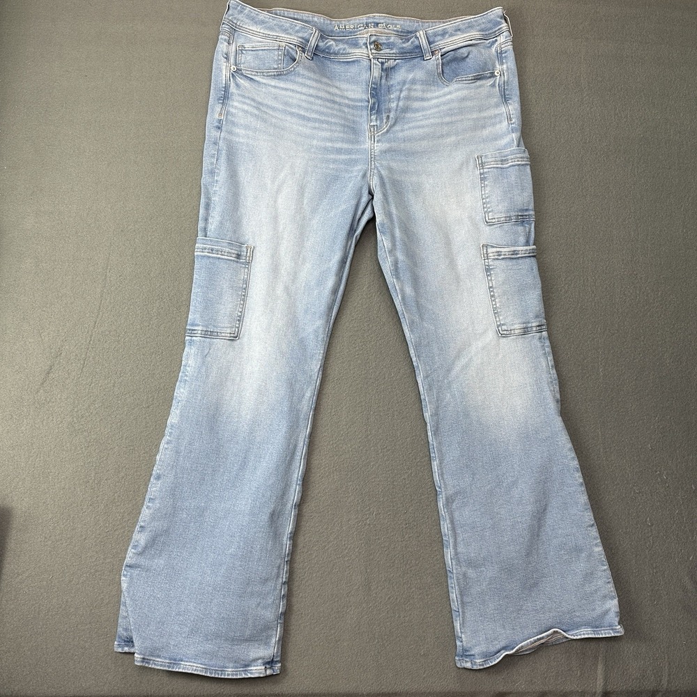American Eagle Cargo Jeans Womens 18 Blue Stretch Mid Rise Flare Bootcut Y2K